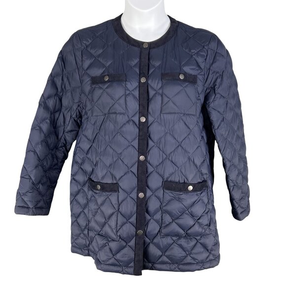 J. Jill Womens Lp Navy Diamond Quilted Down Puffer Jacket Corduroy Trim Snap Up - Picture 2 of 15